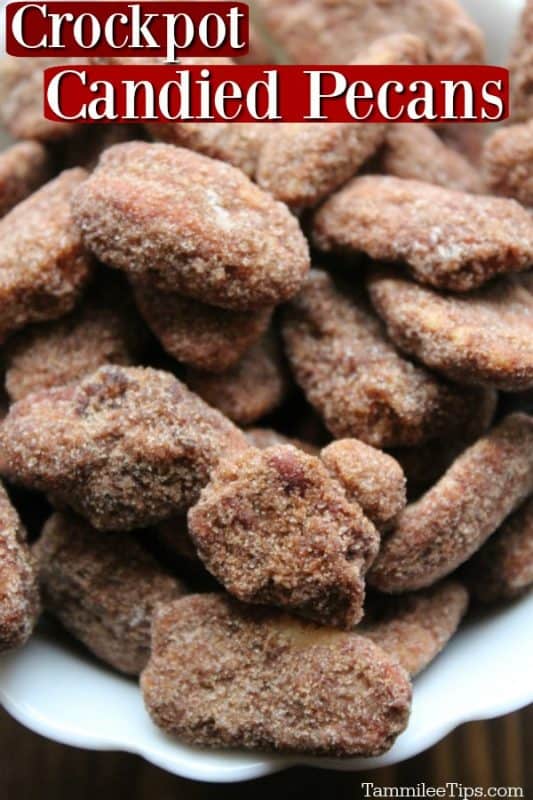 close up of crockpot candied pecans with cinnamon and sugar in a white bowl
