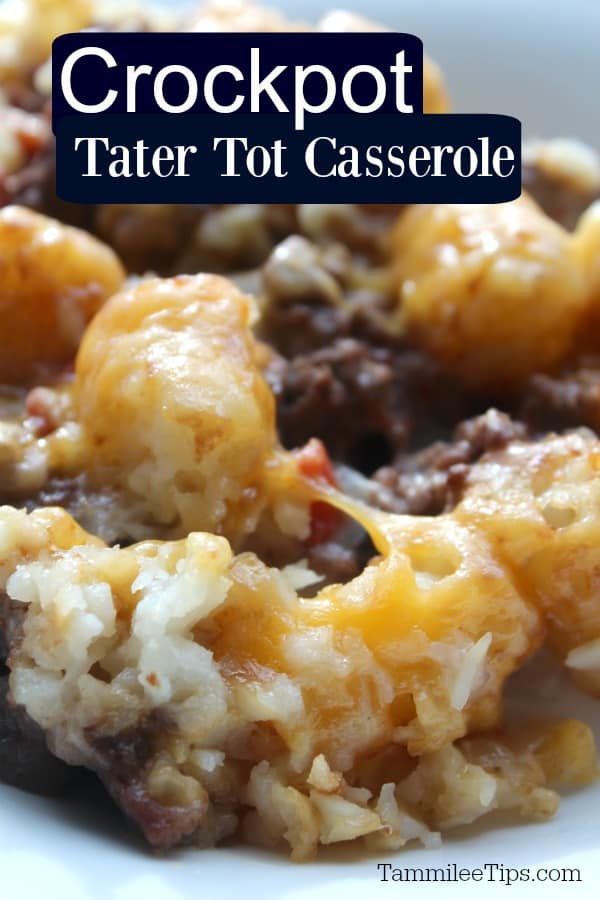 Crockpot Tater Tot Casserole text over a white plate with ground beef casserole and cheesy tater tots