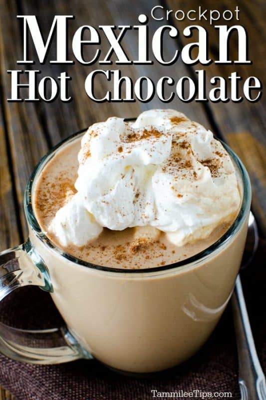 crockpot mexican hot chocolate in a glass coffee mug garnished with whipped cream