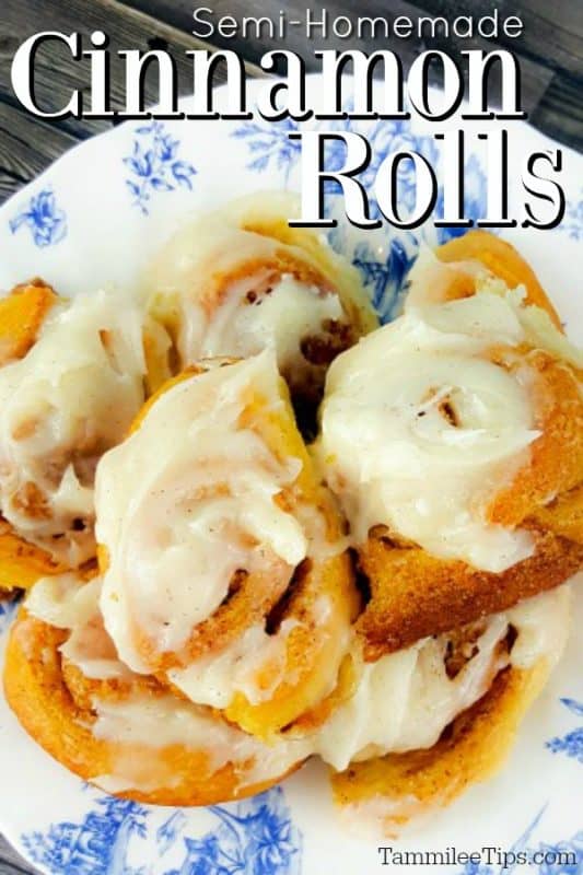 Semi Homemade Cinnamon Rolls text over a plate of cinnamon rolls