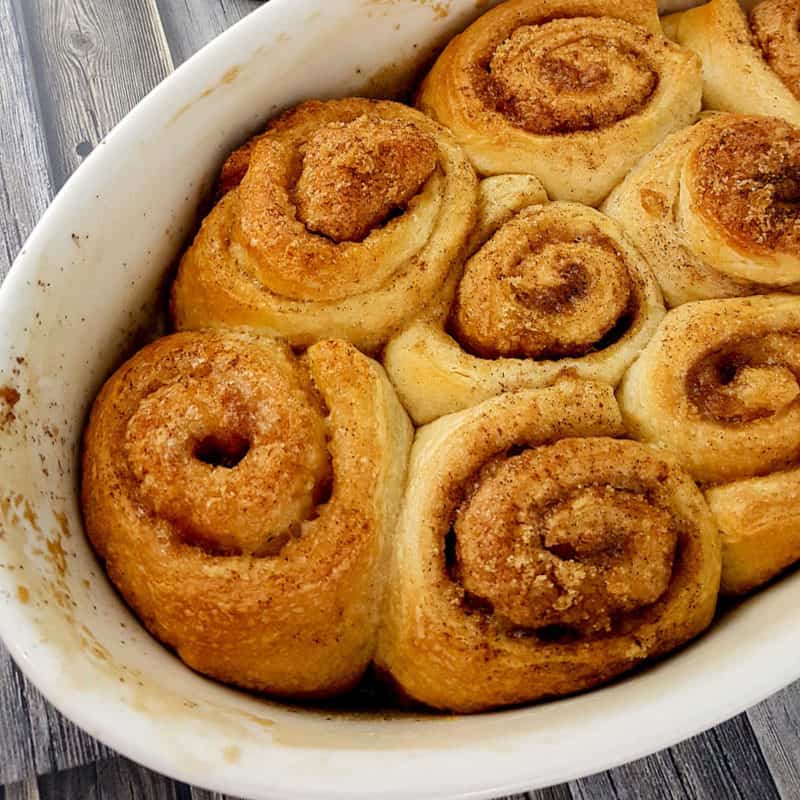 Semi-Homemade Cinnamon Rolls in white baking dish