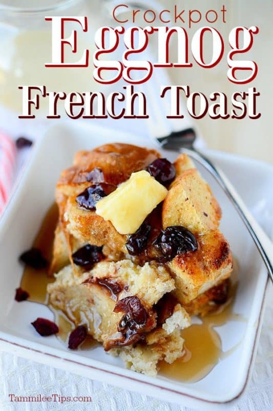 Crockpot Eggnog French toast on a white plate with a silver spoon