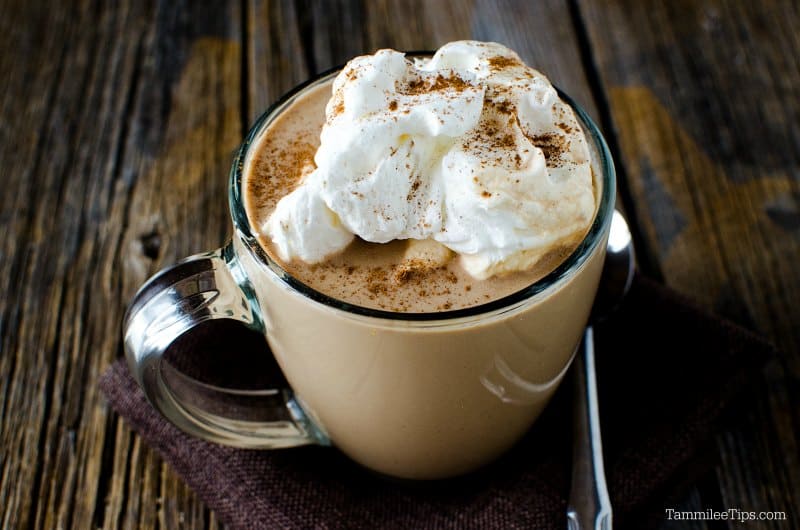 glass mug with Mexican hot chocolate topped with whipped cream and cinnamon