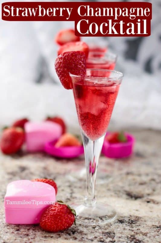 Strawberry Champagne Cocktail text over a champagne glass with red cocktail