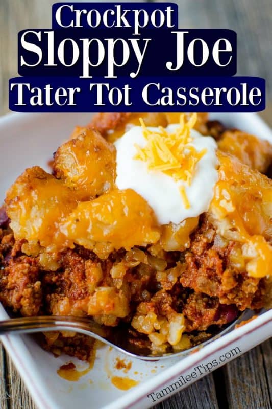 Sloppy Joes Tater Tot Casserole with sour cream on top on a white plate