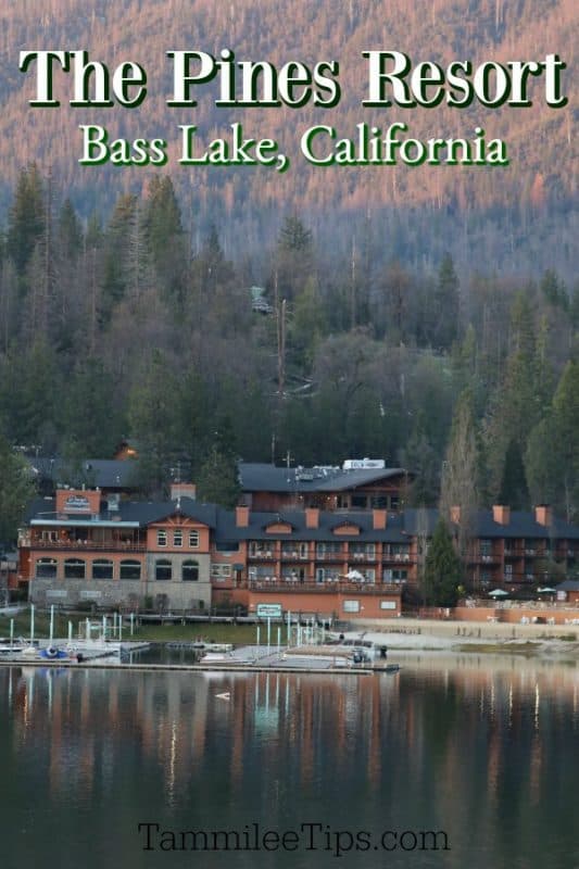 The Pines Resort Bass Lake over a large building on the water with a marina surrounded by trees
