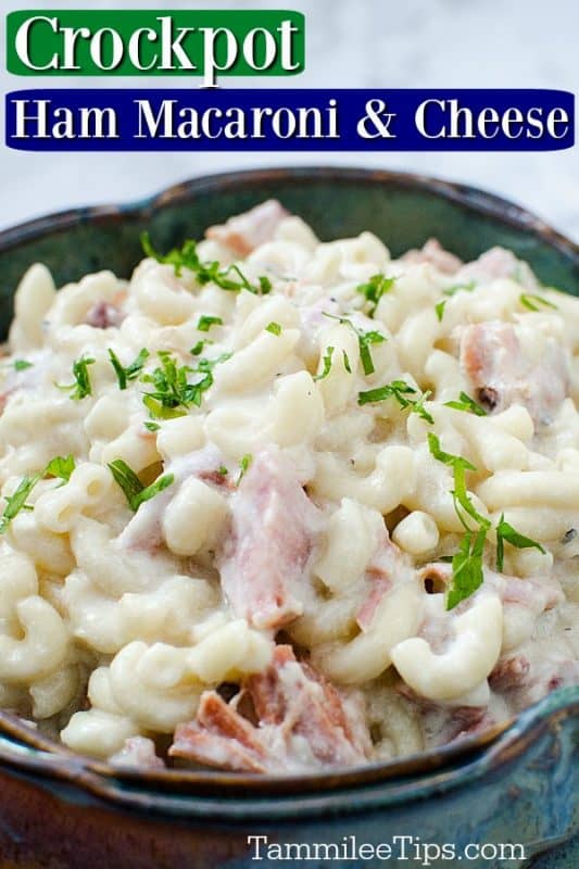 close up of crockpot macaroni and cheese with ham in a blue bowl with white background. 
