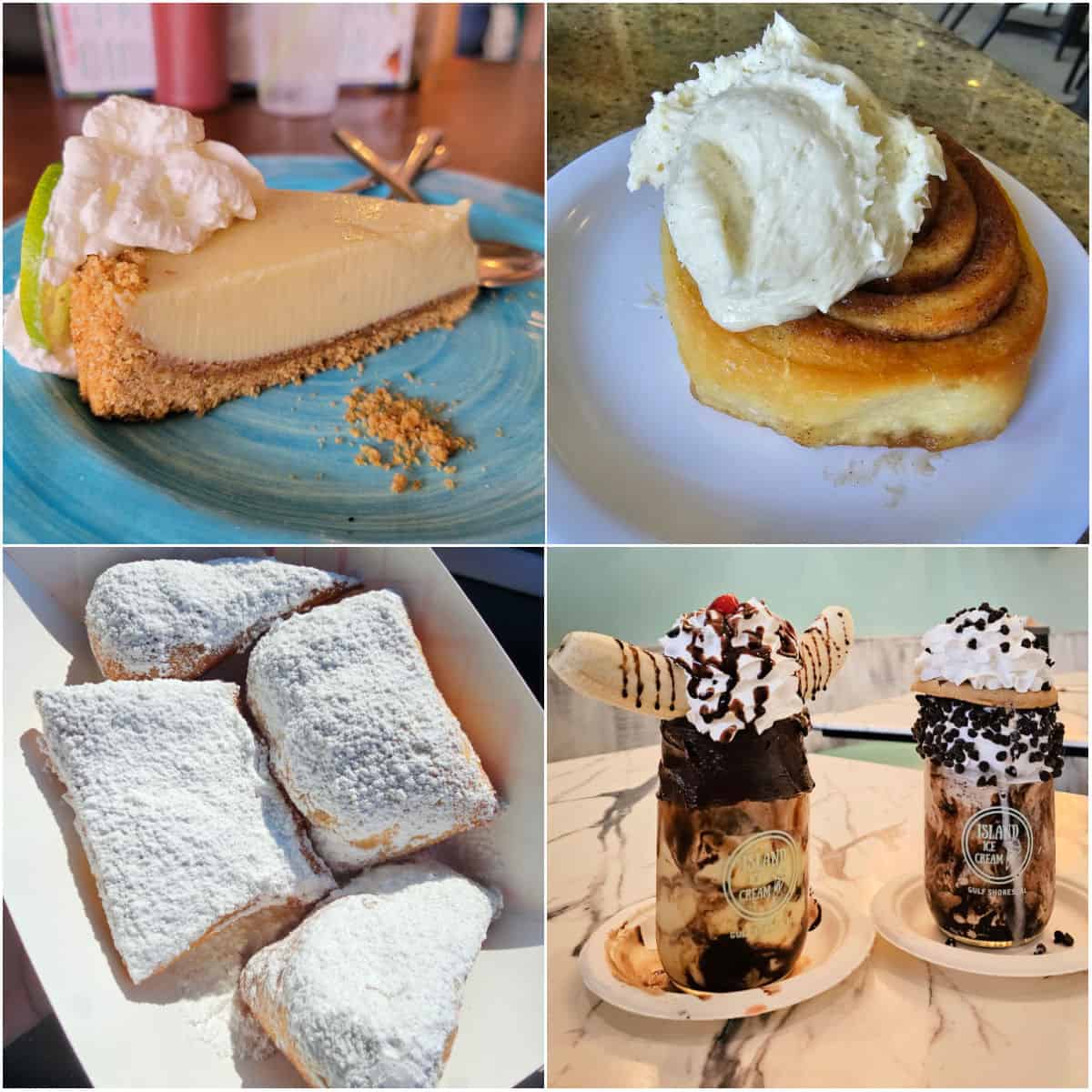 Collage of desserts found in Gulf Shores and Orange beach including key lime pie, cinnamon roll, beignets, and milkshakes