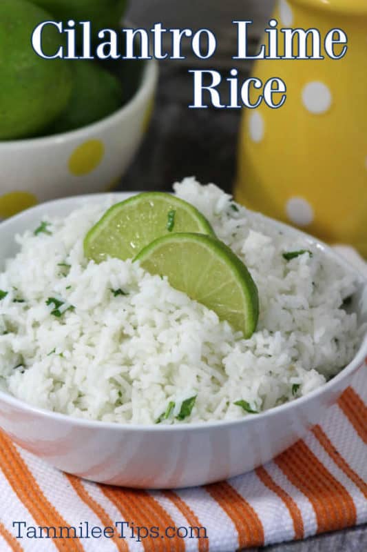 Cilantro lime rice over a bowl of rice with 2 lime wedges