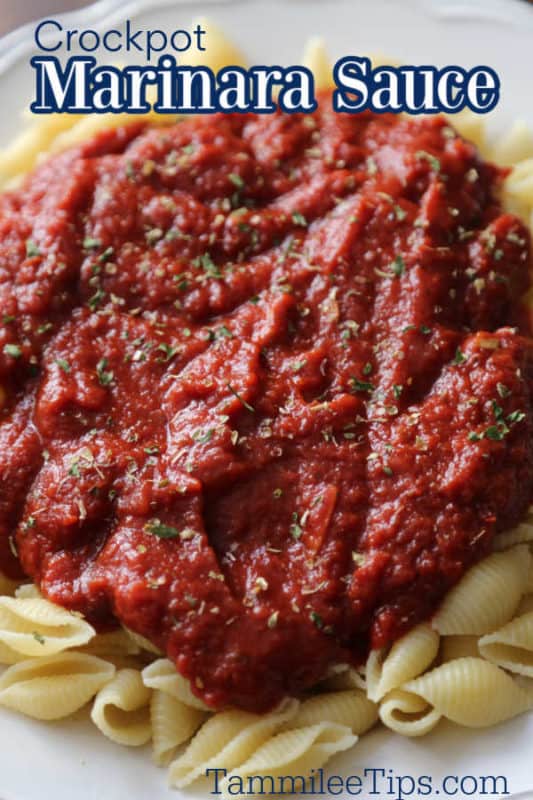 Crockpot marinara sauce over a white plate with marinara sauce on pasta shells 