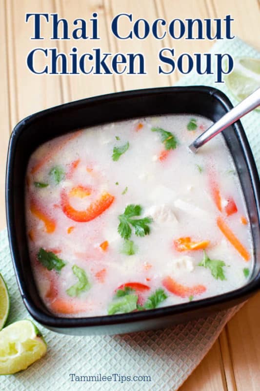 Thai coconut chicken soup in a dark bowl with a spoon in it