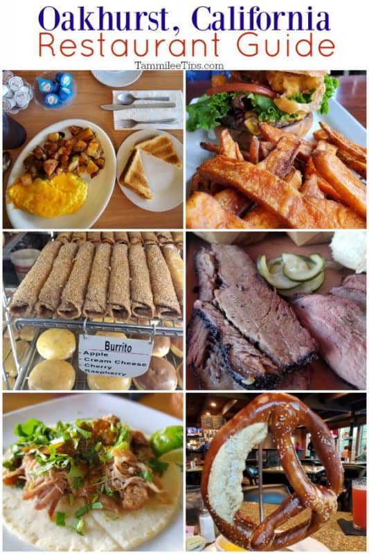 Oakhurst California Restaurant Guide text on the top with 6 food photos below from local Oakhurst restaurants, breakfast plate, burger plate, donuts, barbecue, taco, and a pretzel 