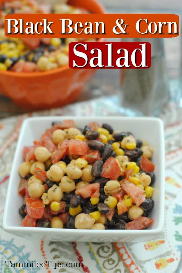 black bean and corn salad in a white bowl next to another bowl