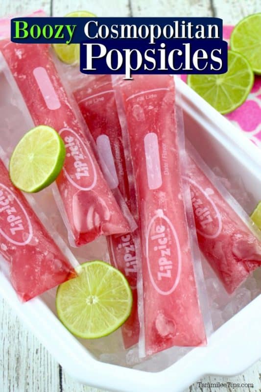 Boozy Cosmopolitan Popsicles text printed over a bowl with zipsicles and limes