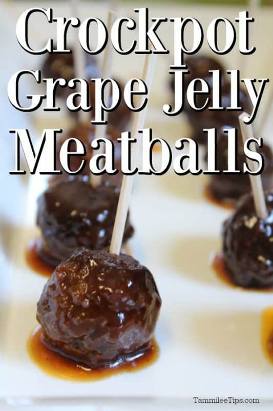 Grape Jelly Meatballs Text written over a white platter with grape jelly meatballs with toothpicks in them. 