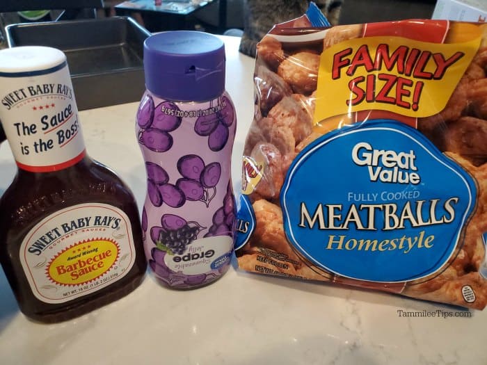 Grape Jelly Meatballs Ingredients, Barbecue Sauce, Grape Jelly, and frozen meatballs. 