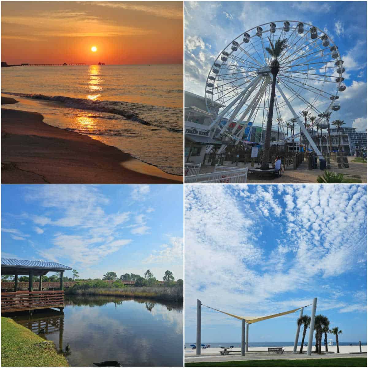 Collage of top things to do in gulf shores and orange beach alabama with sunrise, the wharf ferris wheel, wade ward park, and the beach