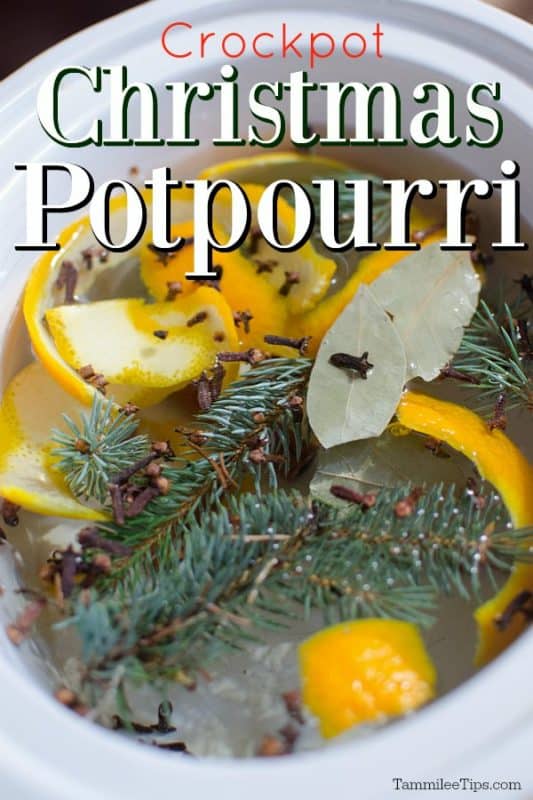 crockpot christmas potpourri in text over a white crockpot filled with orange slices, pine needles, whole cloves, and water