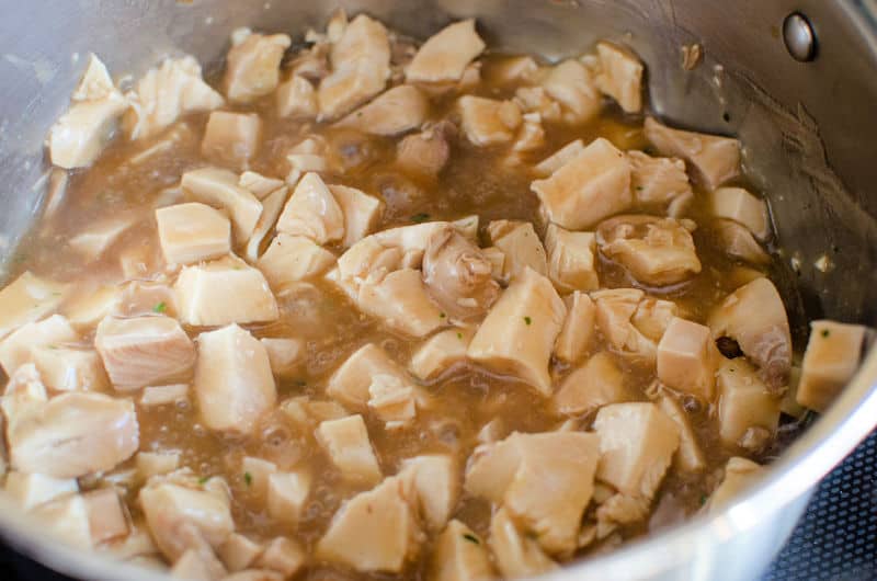 Turkey and gravy in a large stockpot 