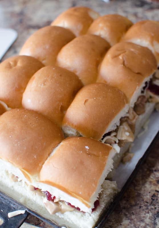 Tops of slider buns on turkey cranberry sliders