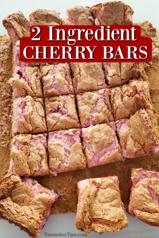 2 Ingredient Cherry Bars text over a platter of cherry bars on parchment paper