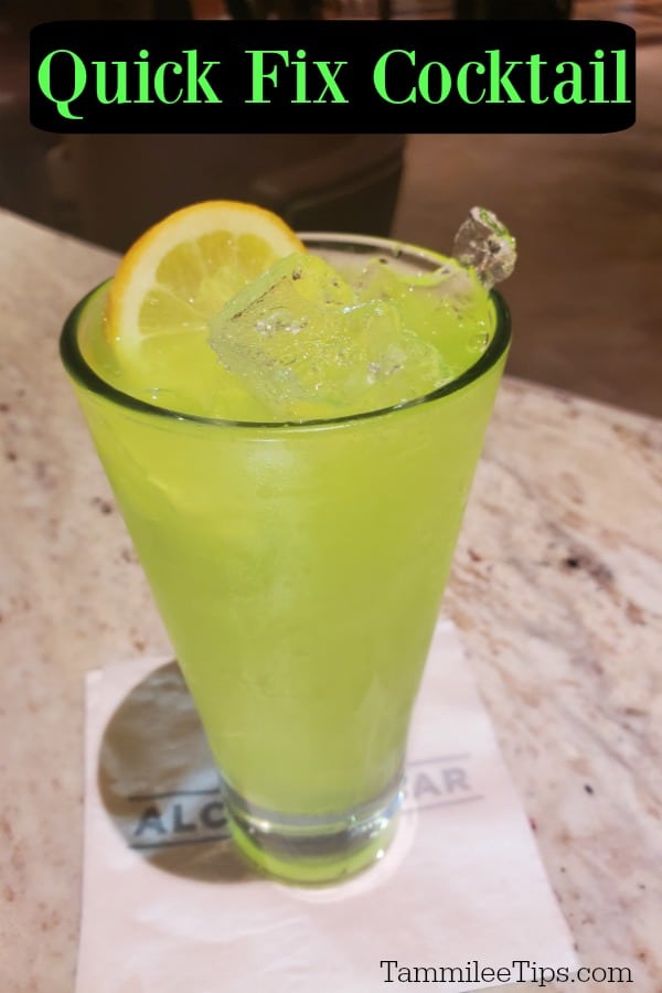 quick fix cocktail text over a lime green cocktail in a tall glass