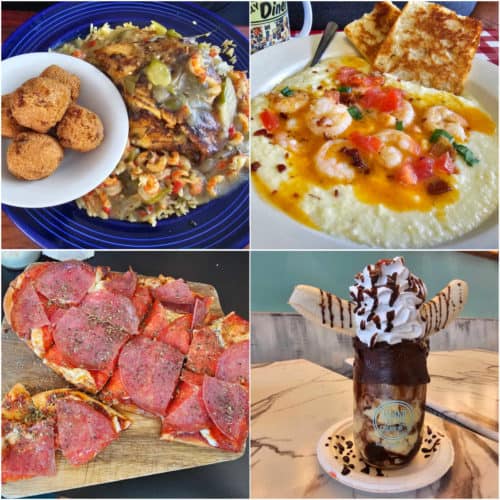 collage of Gulf Shore restaurant food with seafood, hush puppies, shrimp and grits, pepperoni pizza, and an ice cream sundae