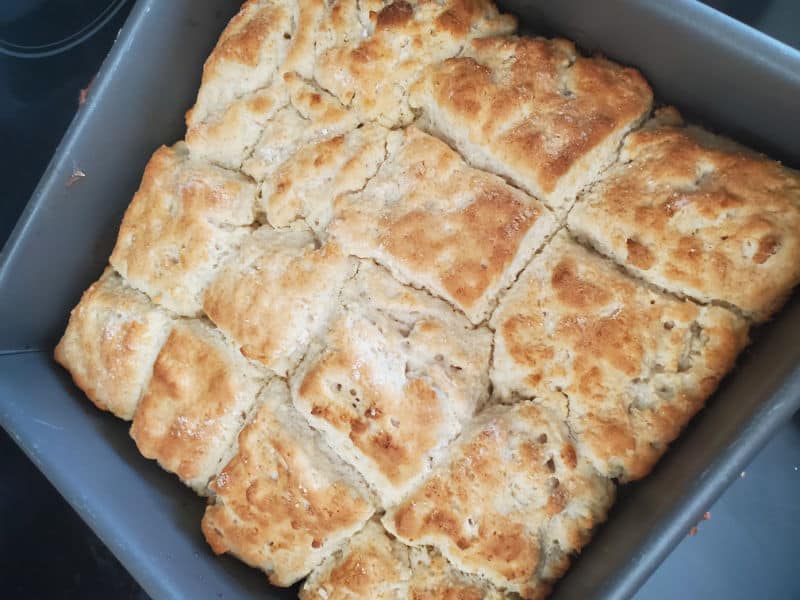 square 7 up biscuits in baking dish right out of the oven