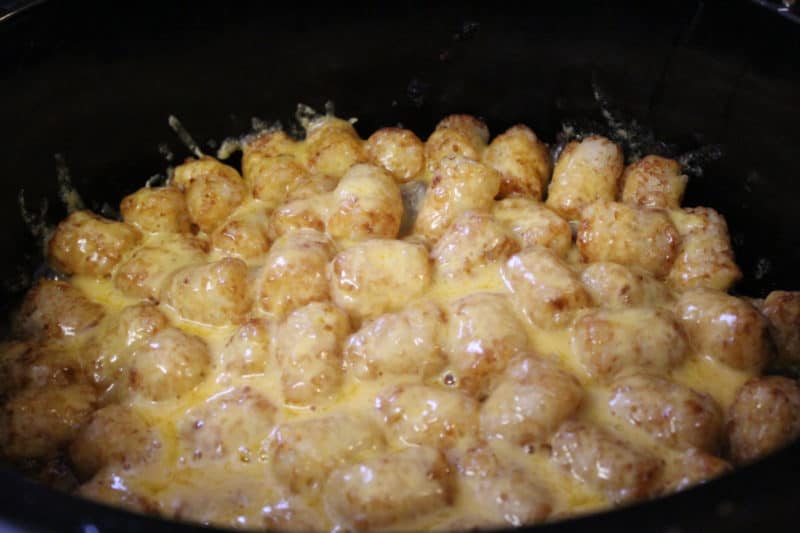 cheese covered tater tots in a dark slow cooker bowl