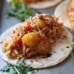 Mango Salsa Chicken on rice and a tortilla shell