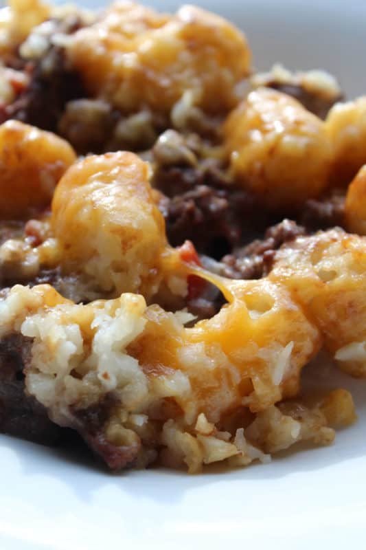 Tater tots covered in cheese over ground beef on a white plate