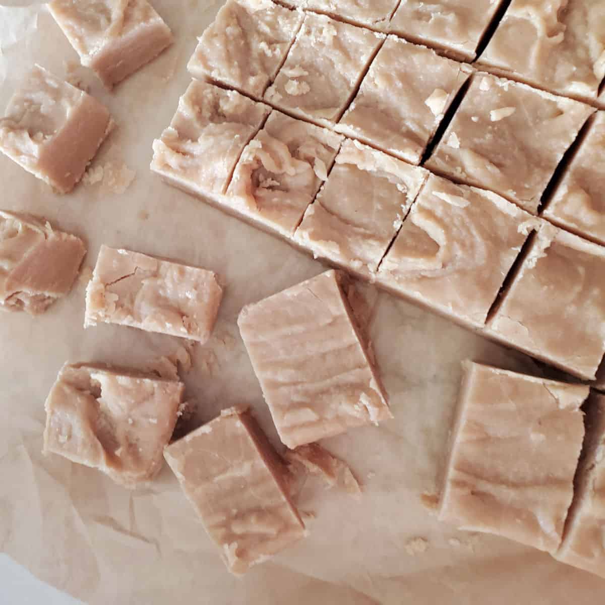 Squares of 4 Ingredient Peanut Butter Fudge on parchment paper