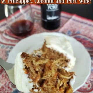 Carrot Cake text over a plate with a large slice of carrot cake