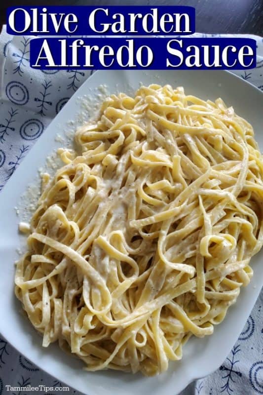 Olive Garden Alfredo Sauce mixed with fettuccine noodles on a white platter with a white and blue napkin behind it. 