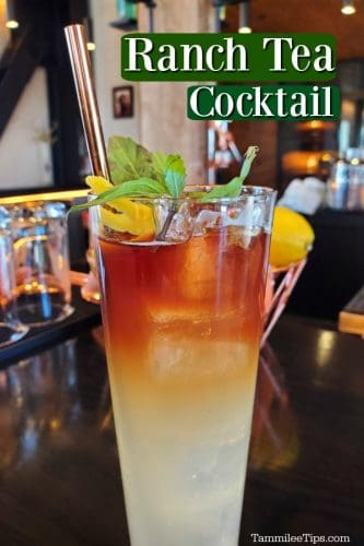 Ranch Tea Cocktail text over a taall glass with mint sprig and metal straw