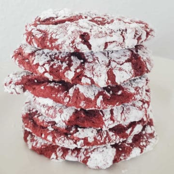 stack of Red Velvet Cake Mix Cookies on a white plate