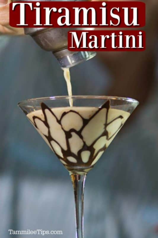 tiramisu martini in a martini glass with a chocolate design on the inside