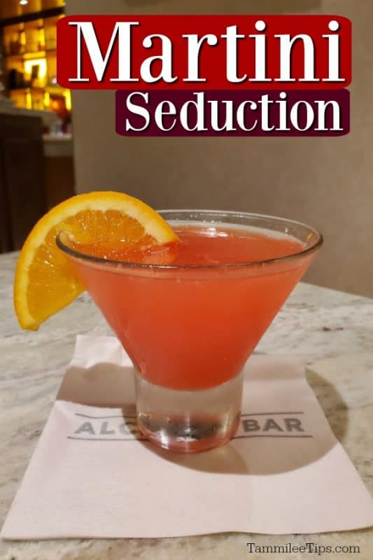 Martini Seduction text over a pink martini with an orange wedge garnish