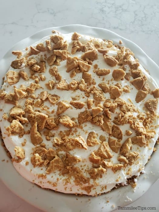 Nutter Butter crumble on whipped topping in a pie pan