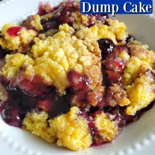 Crockpot Lemon Blueberry Dump Cake text over a bowl filled with cake