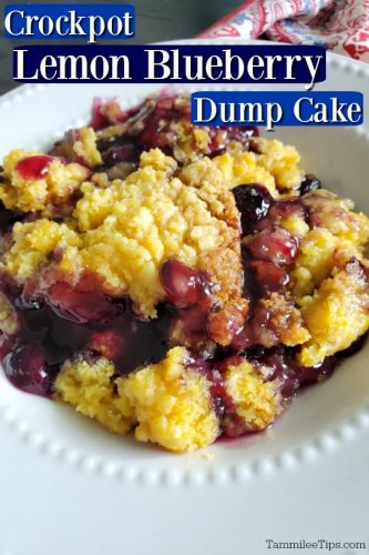 Crockpot Lemon Blueberry Dump Cake text over a bowl filled with cake