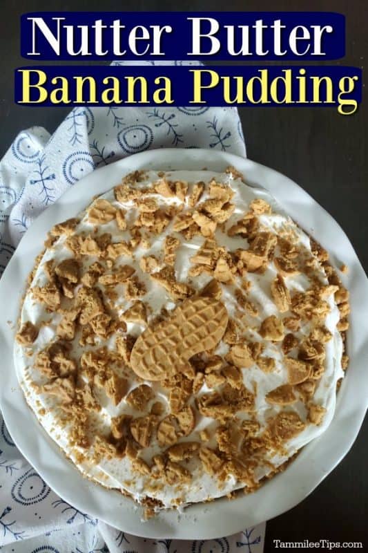 Nutter Butter banana pudding text over a white pie plate with Nutter butters and whipped cream. 