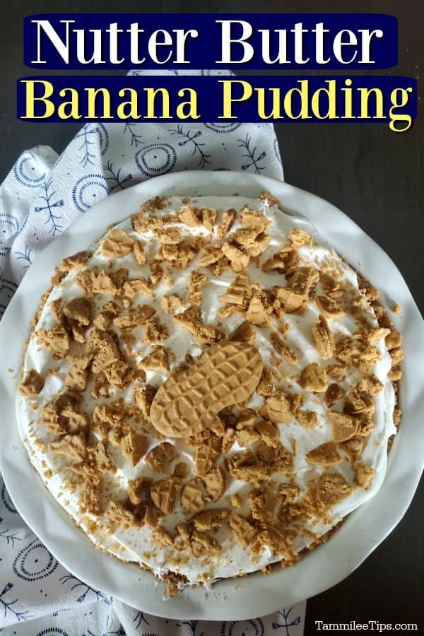 Nutter Butter Banana Pudding over a pie plate with no bake banana pudding and nutter butter cookies