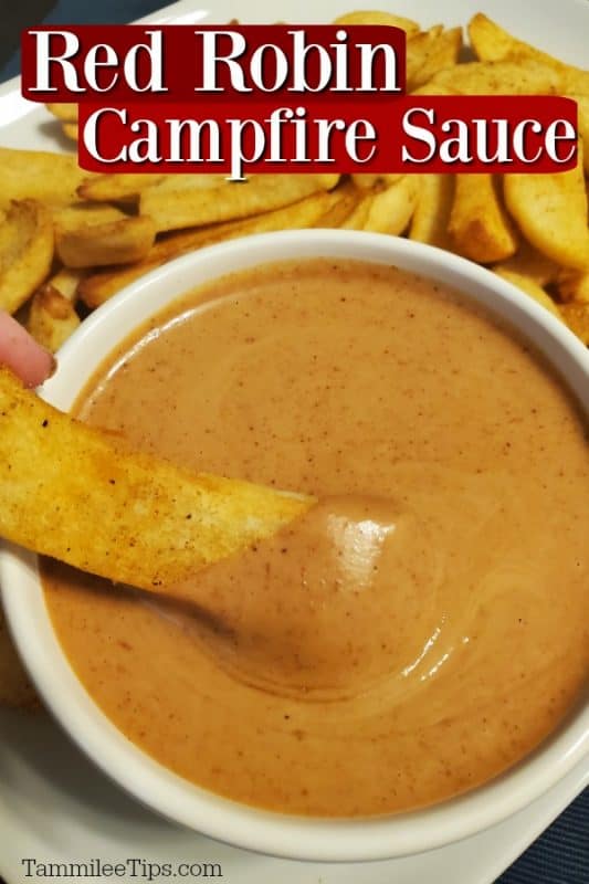 Red Robin Campfire Sauce over a bowl of sauce with a french fry dipping into it