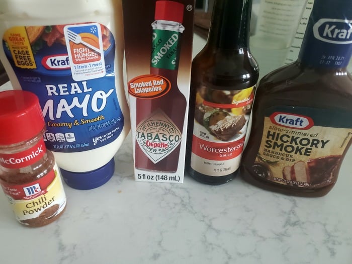 Chili powder, mayo, tabasco, Worcestershire sauce and hickory smoke bbq sauce 