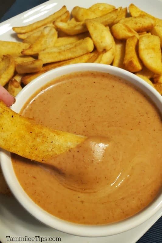 French Fry dipping into Red Robin Campfire Sauce in a white bowl surrounded by more fries on a plate