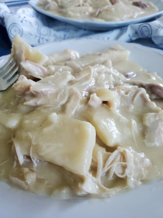 Cracker Barrel Chicken and Dumplings Recipe on a white plate