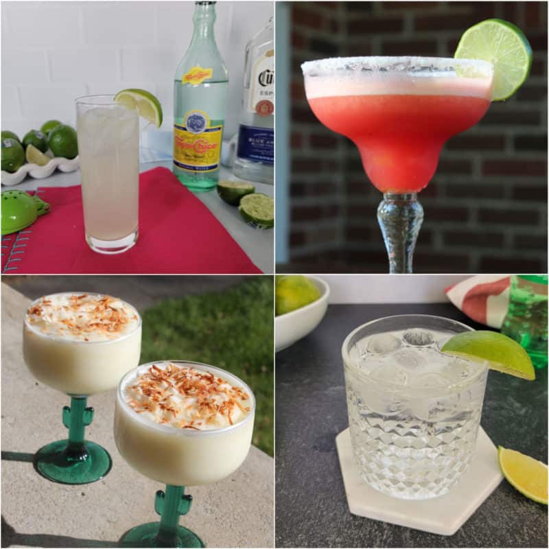 Collage of tequila cocktails including ranch water, margaritas, and sprite tequila cocktail