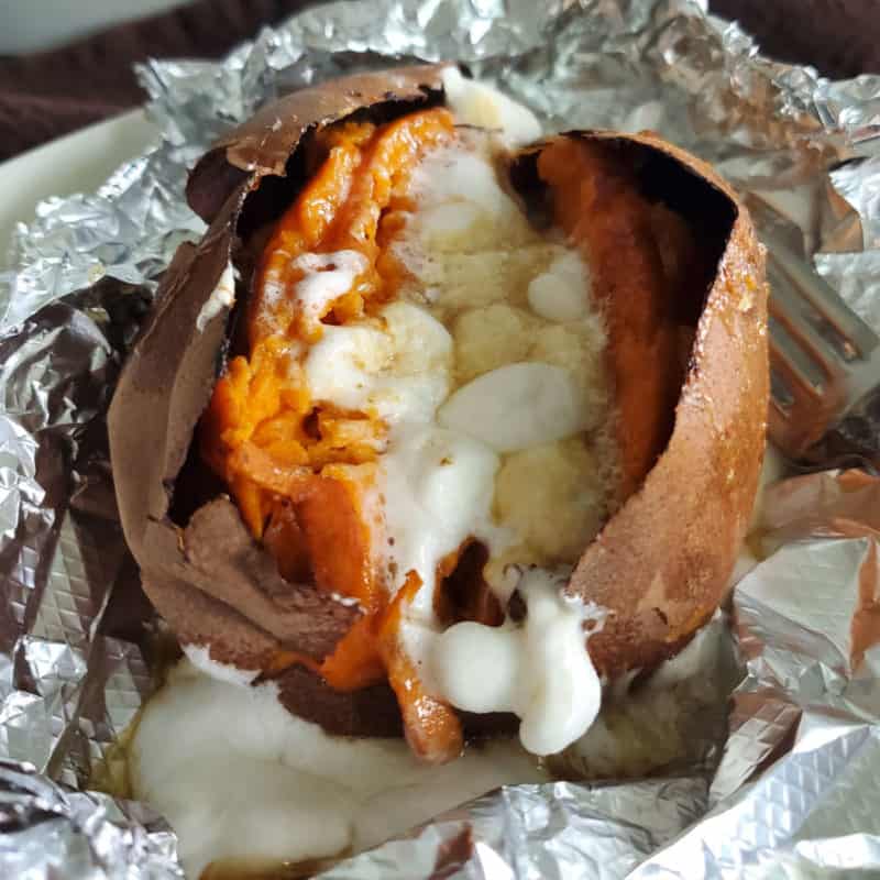 Copy Cat Texas Roadhouse Loaded Sweet Potato wrapped in aluminum foil