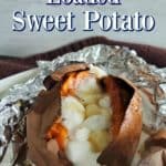 texas roadhouse loaded sweet potato wrapped in foil garnished with mini marshmallows